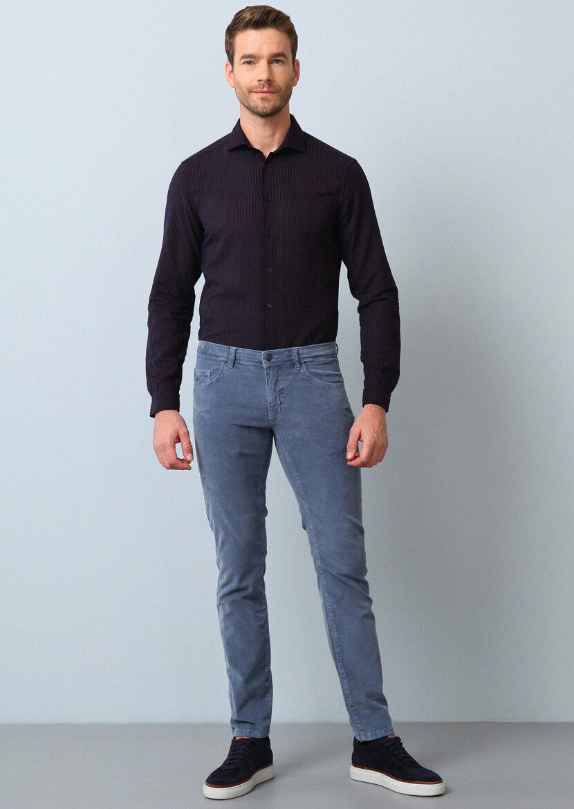 Kahverengi Çizgili Regular Fit Dokuma Casual %100 Pamuk Gömlek - 1