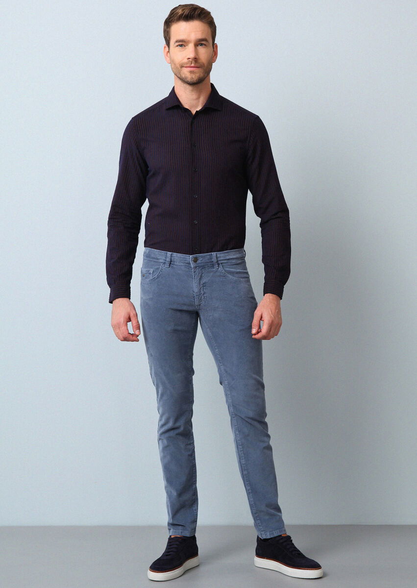 Kahverengi Çizgili Regular Fit Dokuma Casual %100 Pamuk Gömlek - 1