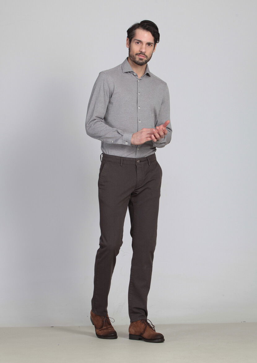 Kahverengi Desenli Dokuma Regular Fit Casual Pamuk Karışımlı Pantolon - 2
