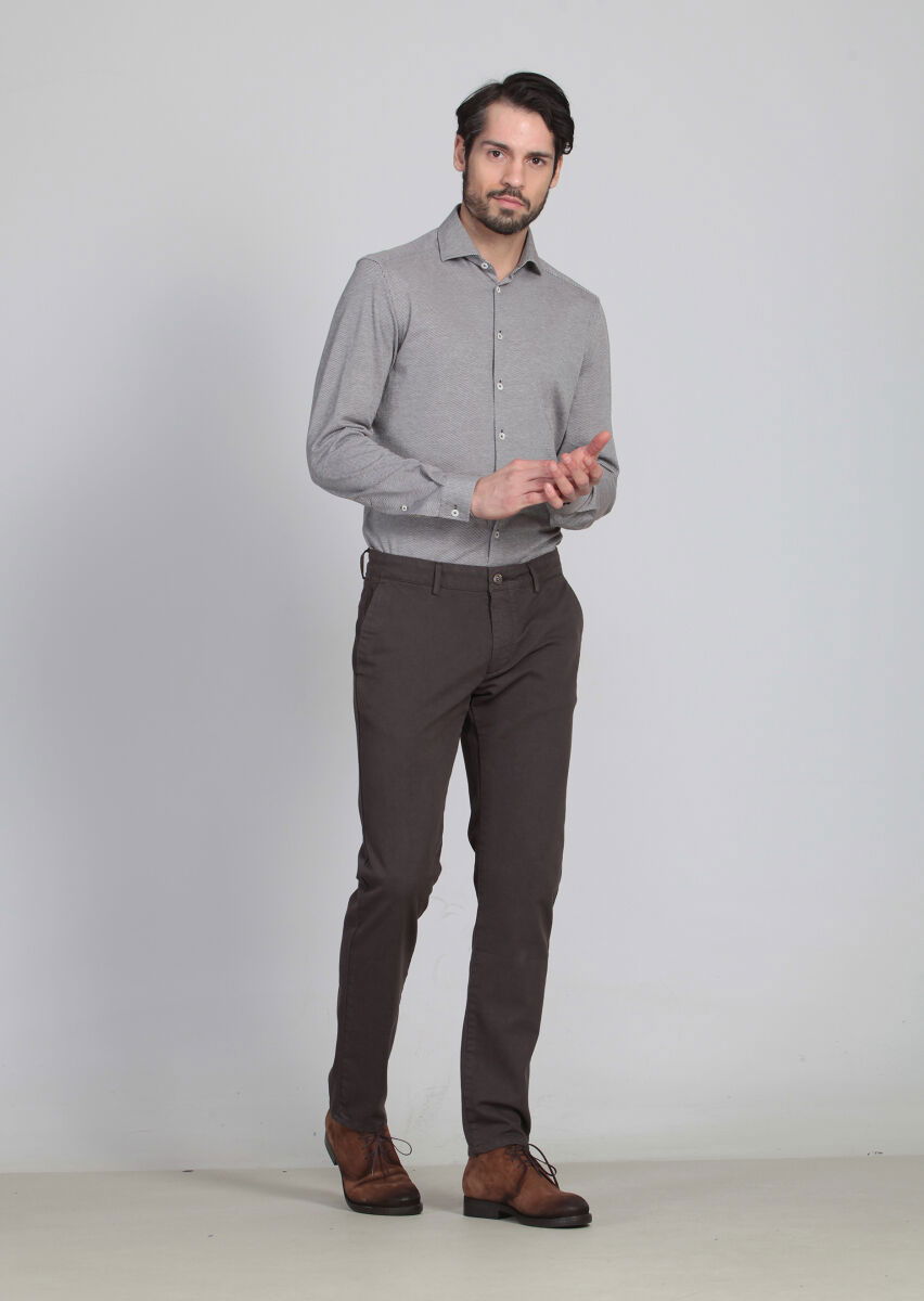 Kahverengi Desenli Dokuma Regular Fit Casual Pamuk Karışımlı Pantolon - 2