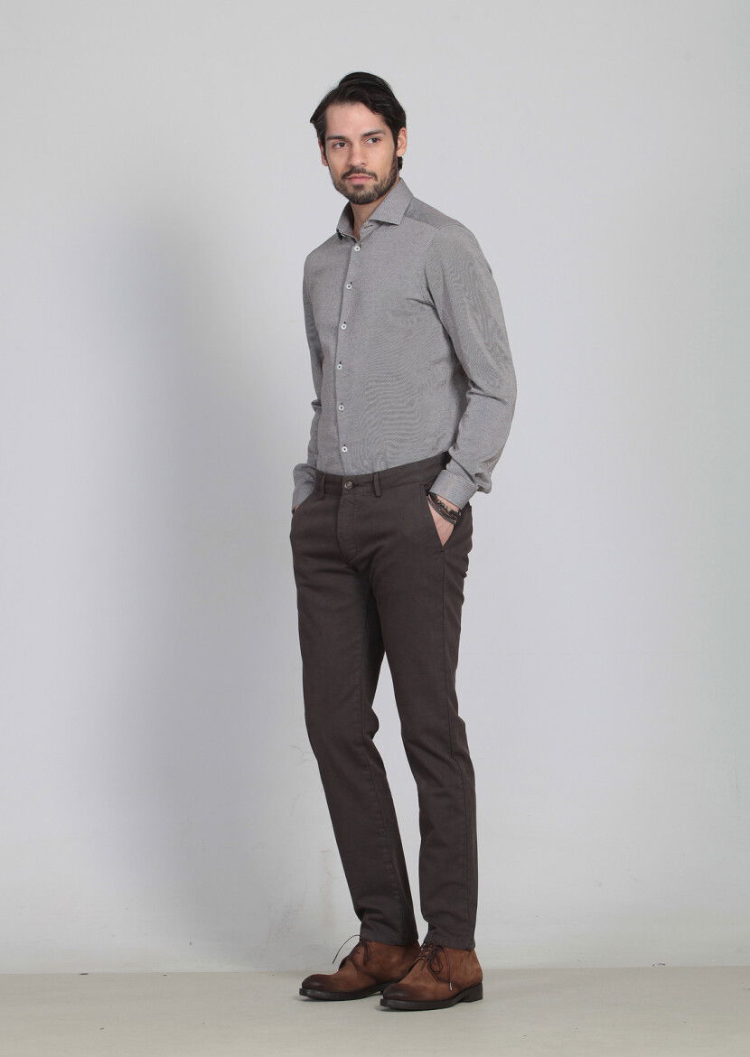 Kahverengi Desenli Dokuma Regular Fit Casual Pamuk Karışımlı Pantolon - 3