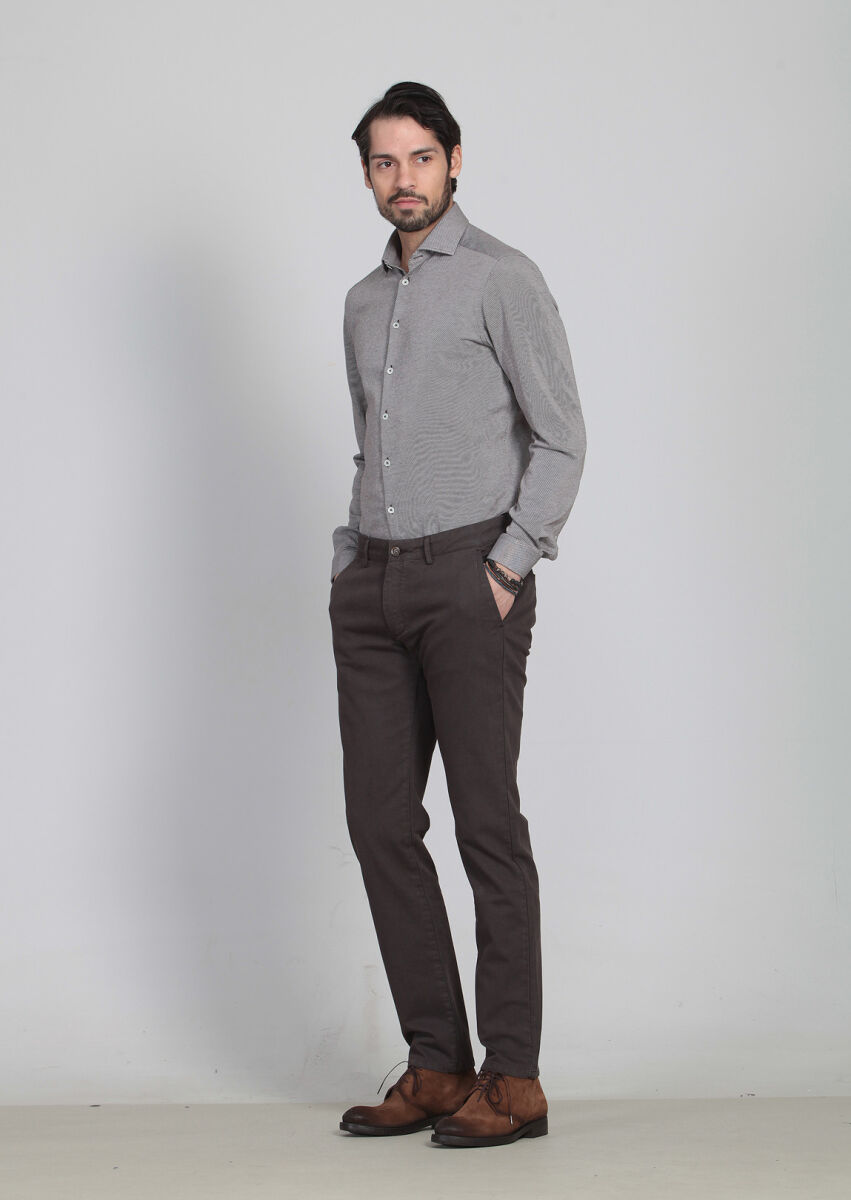 Kahverengi Desenli Dokuma Regular Fit Casual Pamuk Karışımlı Pantolon - 3