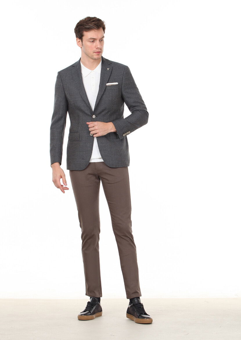 Kahverengi Desenli Modern Fit %100 Yün Ceket - 3