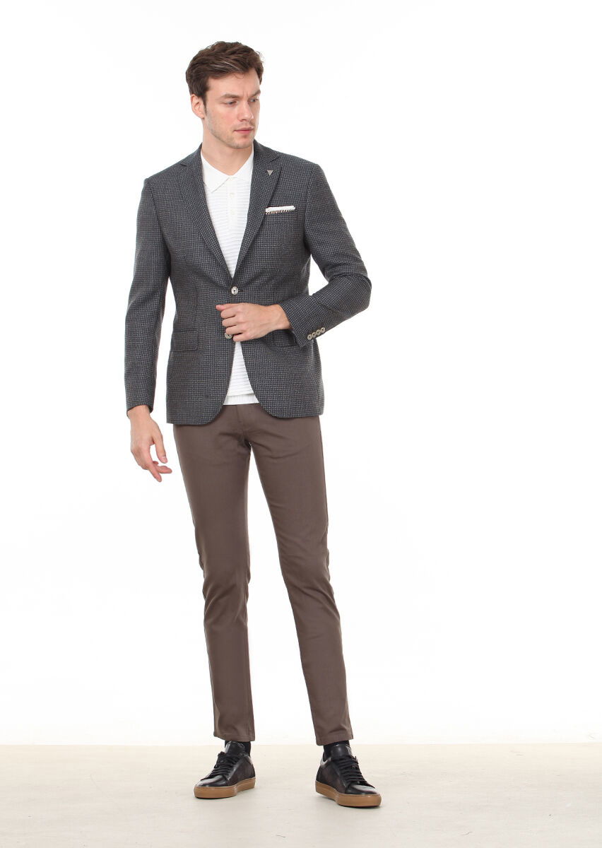 Kahverengi Desenli Modern Fit %100 Yün Ceket - 3