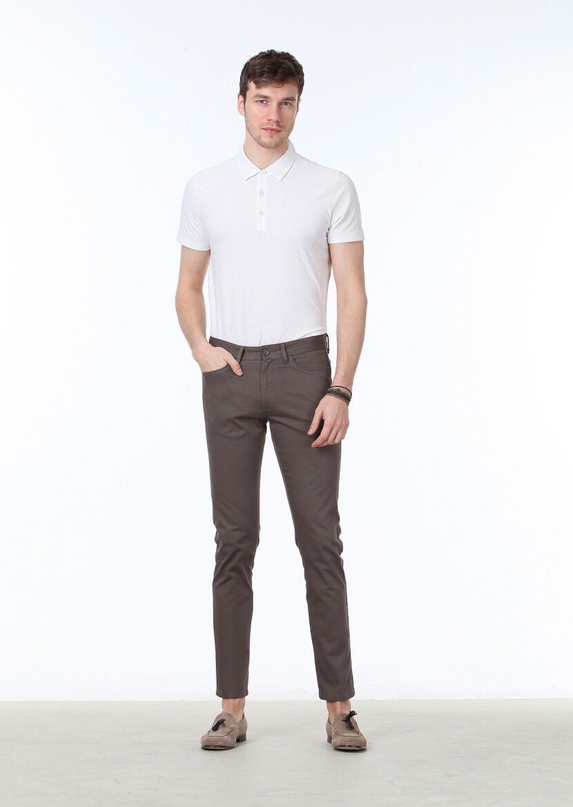 Kahverengi Dokuma Slim Fit Casual Pamuk Karışımlı Pantolon 