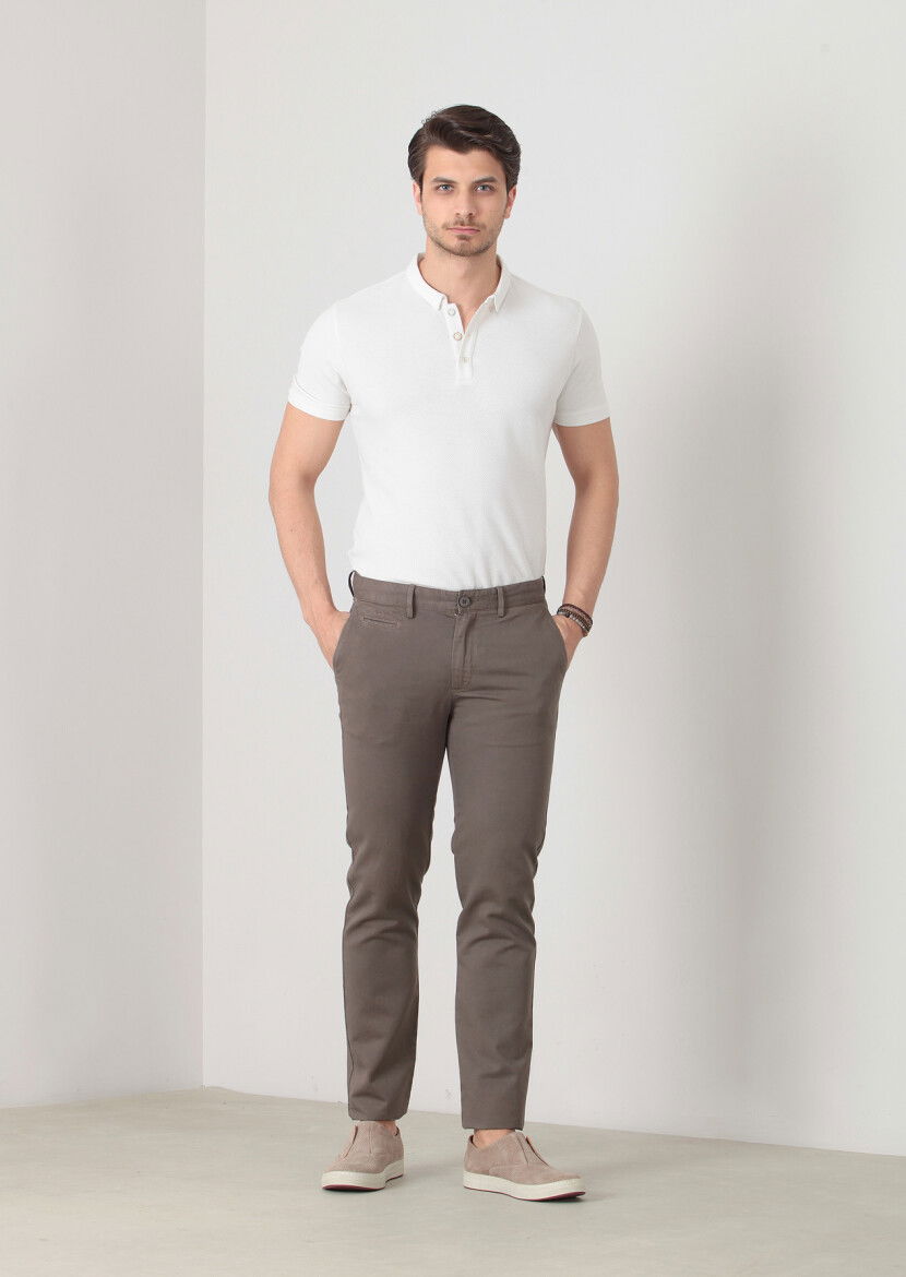 Kahverengi Düz Dokuma Regular Fit Casual Pamuk Karışımlı Pantolon - 1