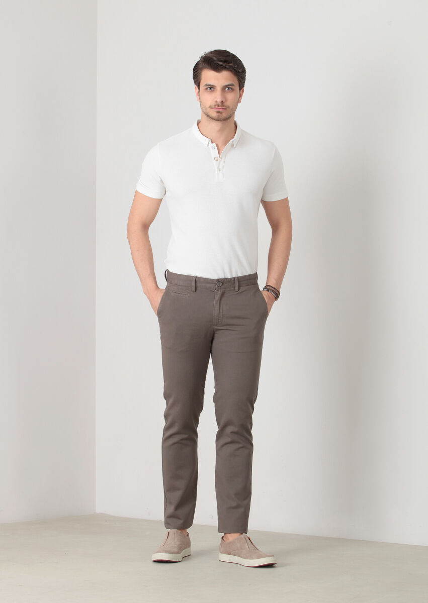 Kahverengi Düz Dokuma Regular Fit Casual Pamuk Karışımlı Pantolon - 1