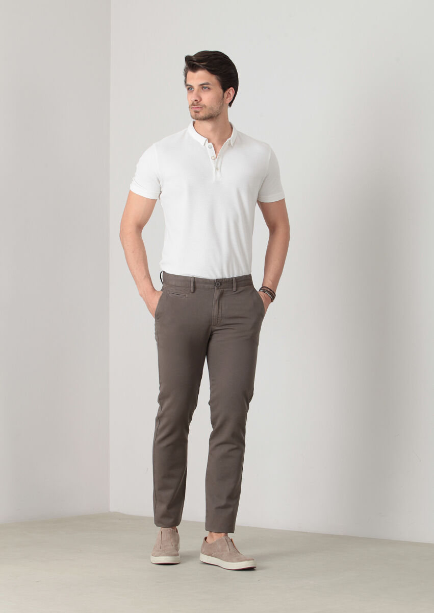 Kahverengi Düz Dokuma Regular Fit Casual Pamuk Karışımlı Pantolon - 2