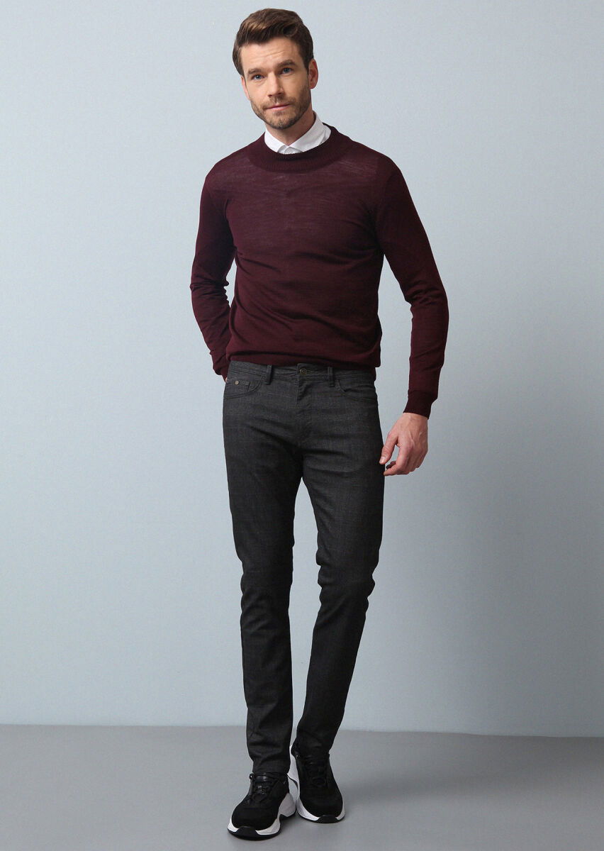 Kahverengi Düz Dokuma Slim Fit Casual Pamuk Karışımlı Pantolon - 1