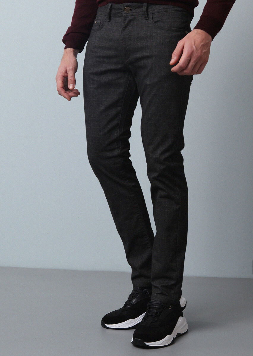 Kahverengi Düz Dokuma Slim Fit Casual Pamuk Karışımlı Pantolon - 2