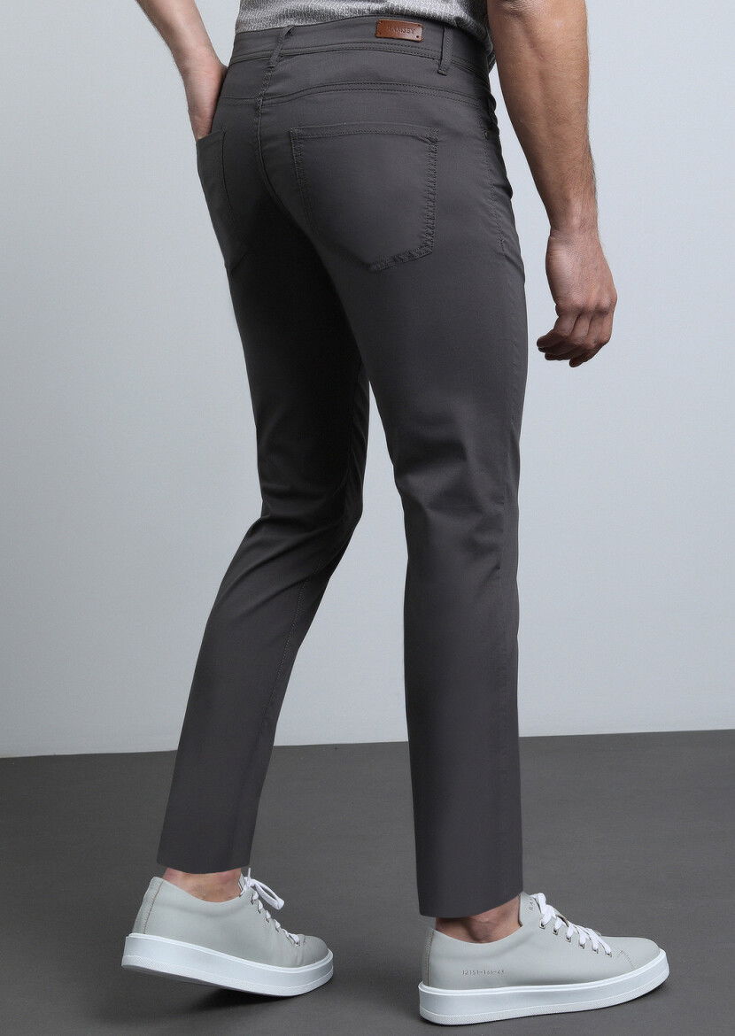 Kahverengi Düz Dokuma Slim Fit Casual Pamuk Karışımlı Pantolon - 5