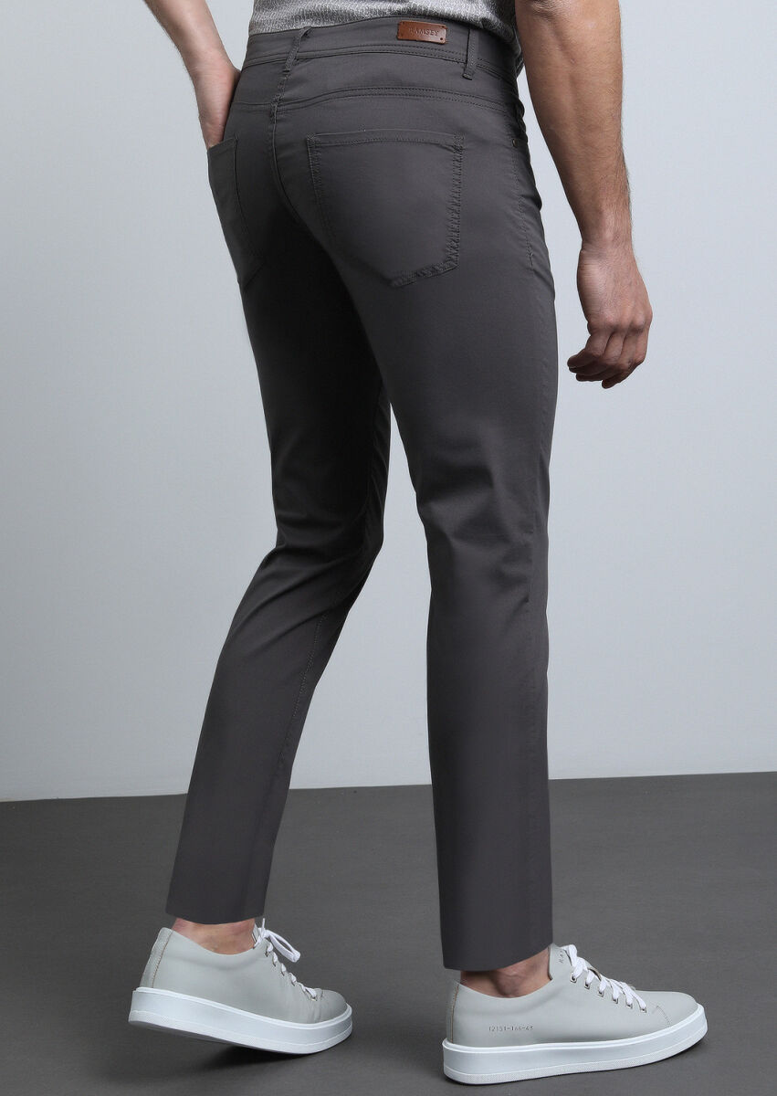 Kahverengi Düz Dokuma Slim Fit Casual Pamuk Karışımlı Pantolon - 5