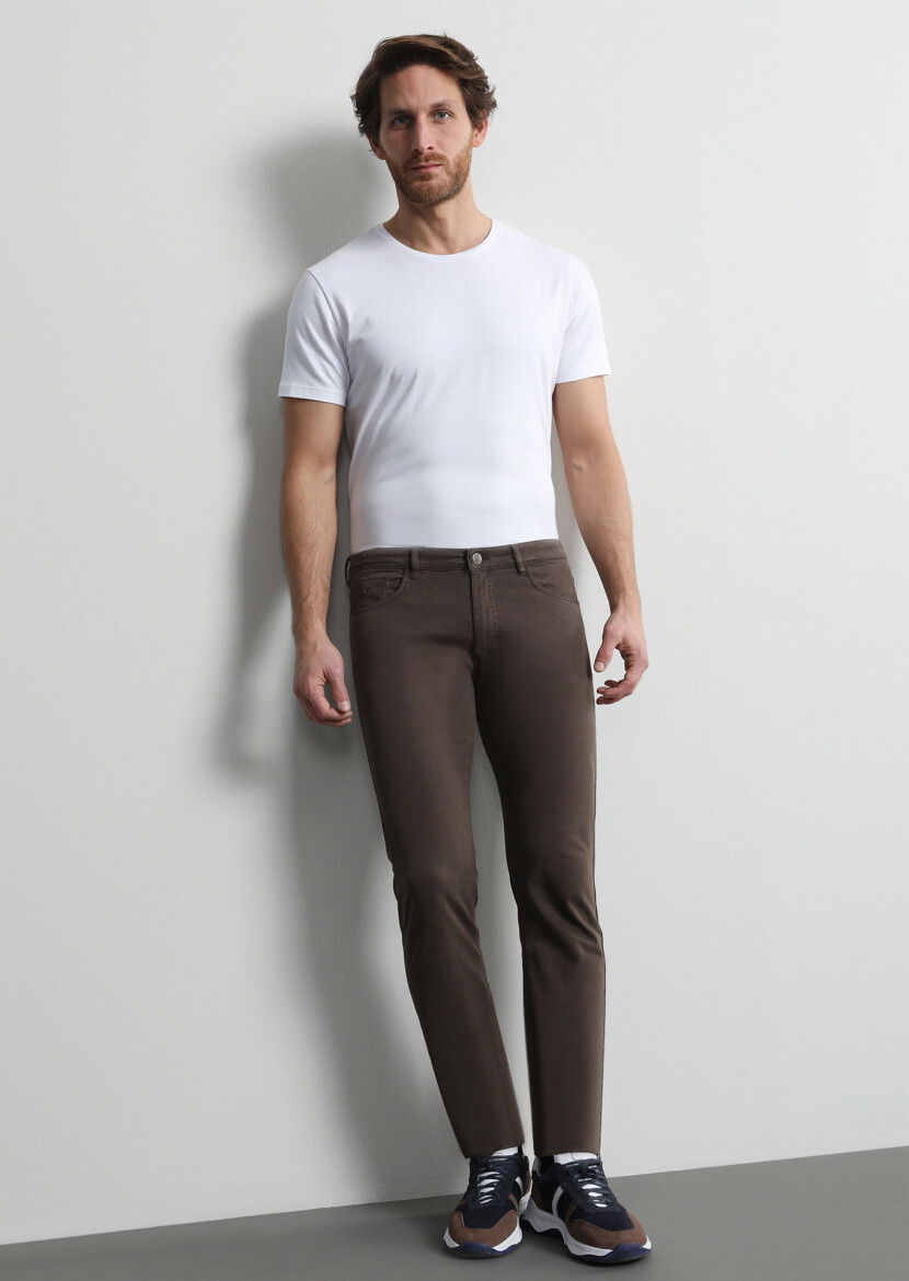 Kahverengi Düz Dokuma Slim Fit Casual Pamuk Karışımlı Pantolon 