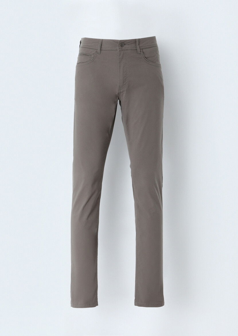 Kahverengi Düz Dokuma Slim Fit Casual Pamuk Karışımlı Pantolon 