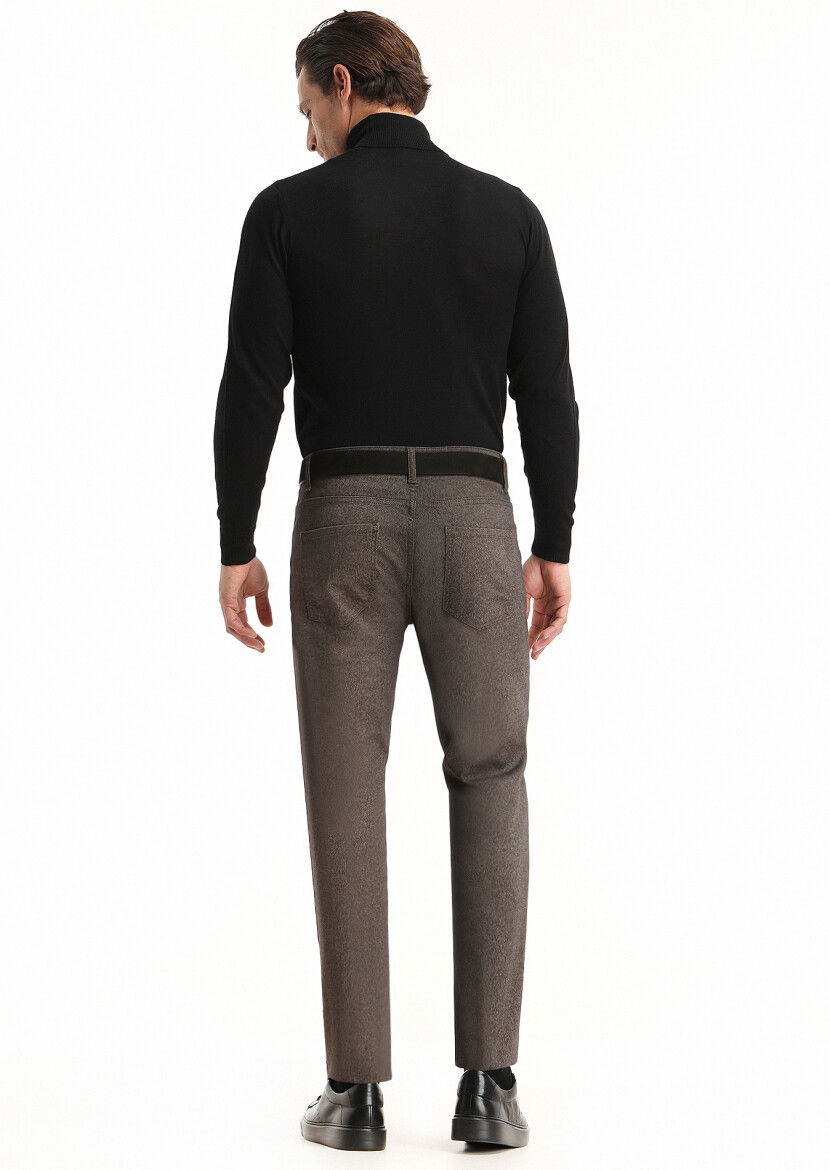 Kahverengi Düz Dokuma Slim Fit Casual Pamuk Karışımlı Pantolon - 4