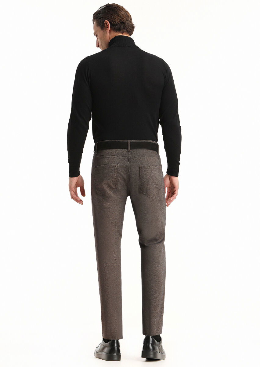 Kahverengi Düz Dokuma Slim Fit Casual Pamuk Karışımlı Pantolon - 4