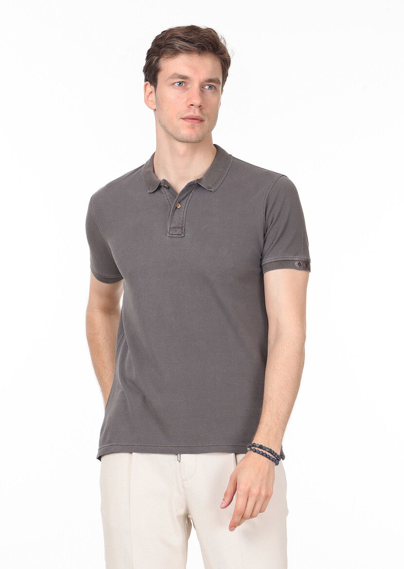 Kahverengi Düz Polo Yaka %100 Pamuk T-Shirt - 1