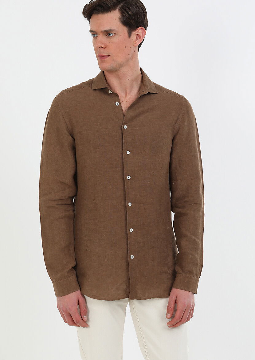 Kahverengi Düz Regular Fit Dokuma Casual %100 Keten Gömlek 