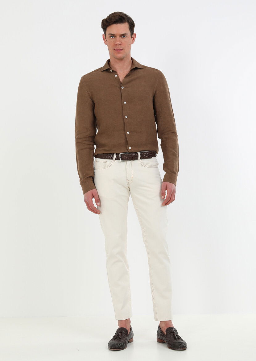 Kahverengi Düz Regular Fit Dokuma Casual %100 Keten Gömlek - 5