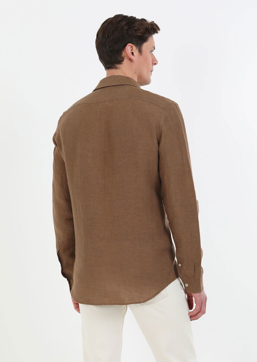 Kahverengi Düz Regular Fit Dokuma Casual %100 Keten Gömlek - 6