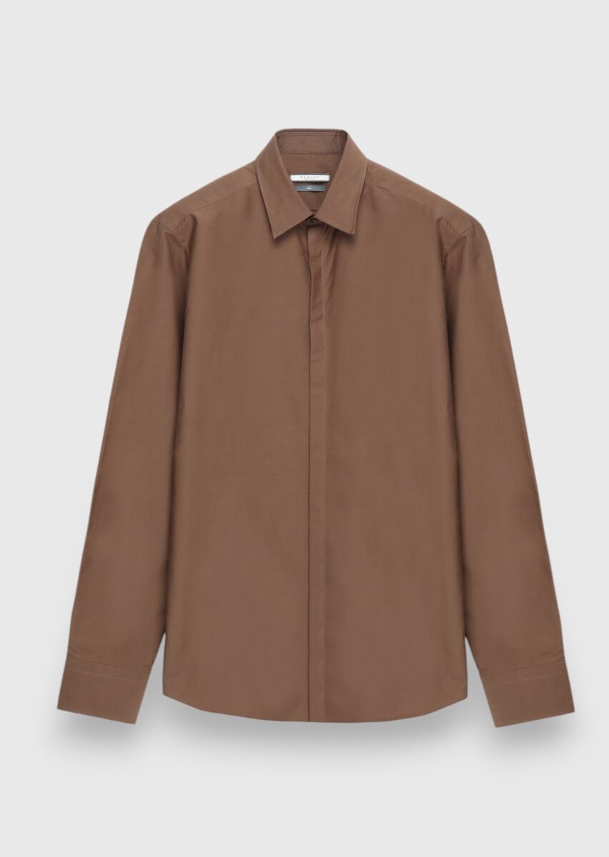 Kahverengi Düz Slim Fit Dokuma Casual İpek Karışımlı Gömlek - 1