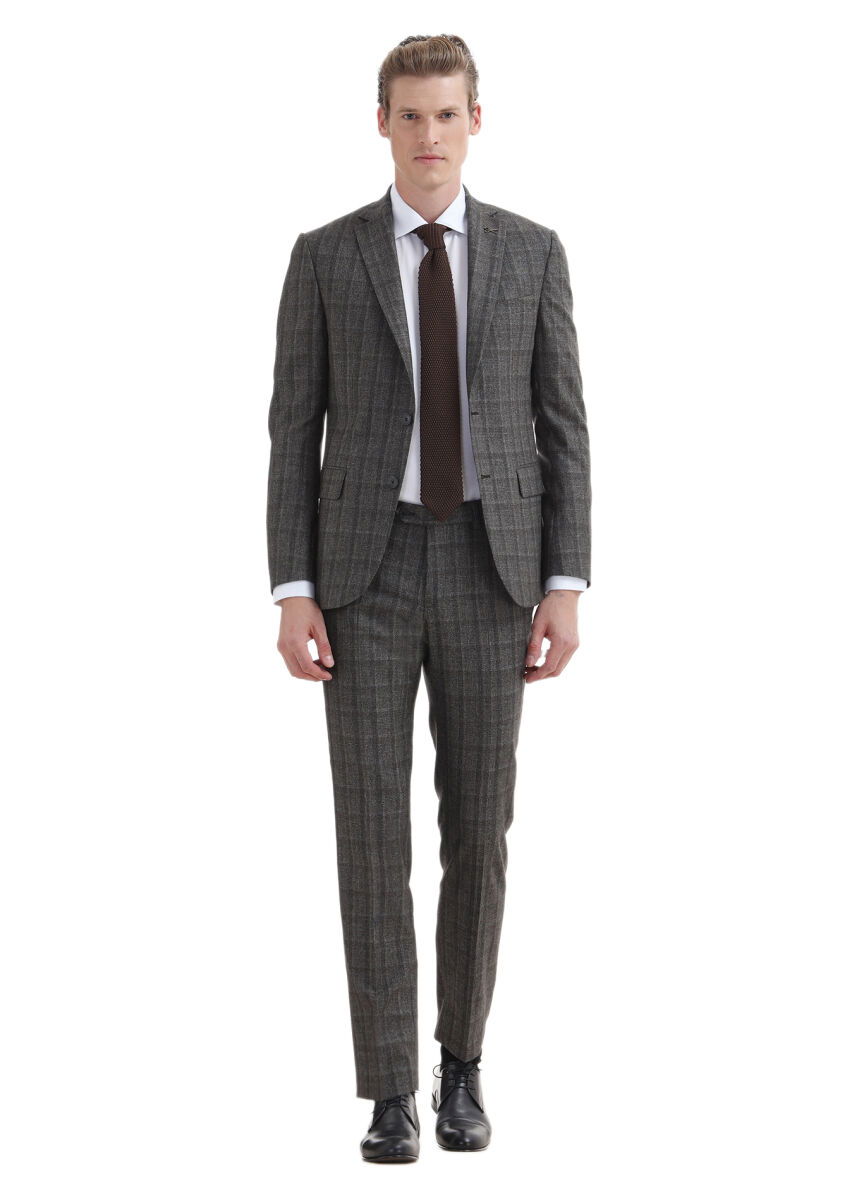 Kahverengi Kareli Zeroweight Slim Fit %100 Yün Takım Elbise - 1