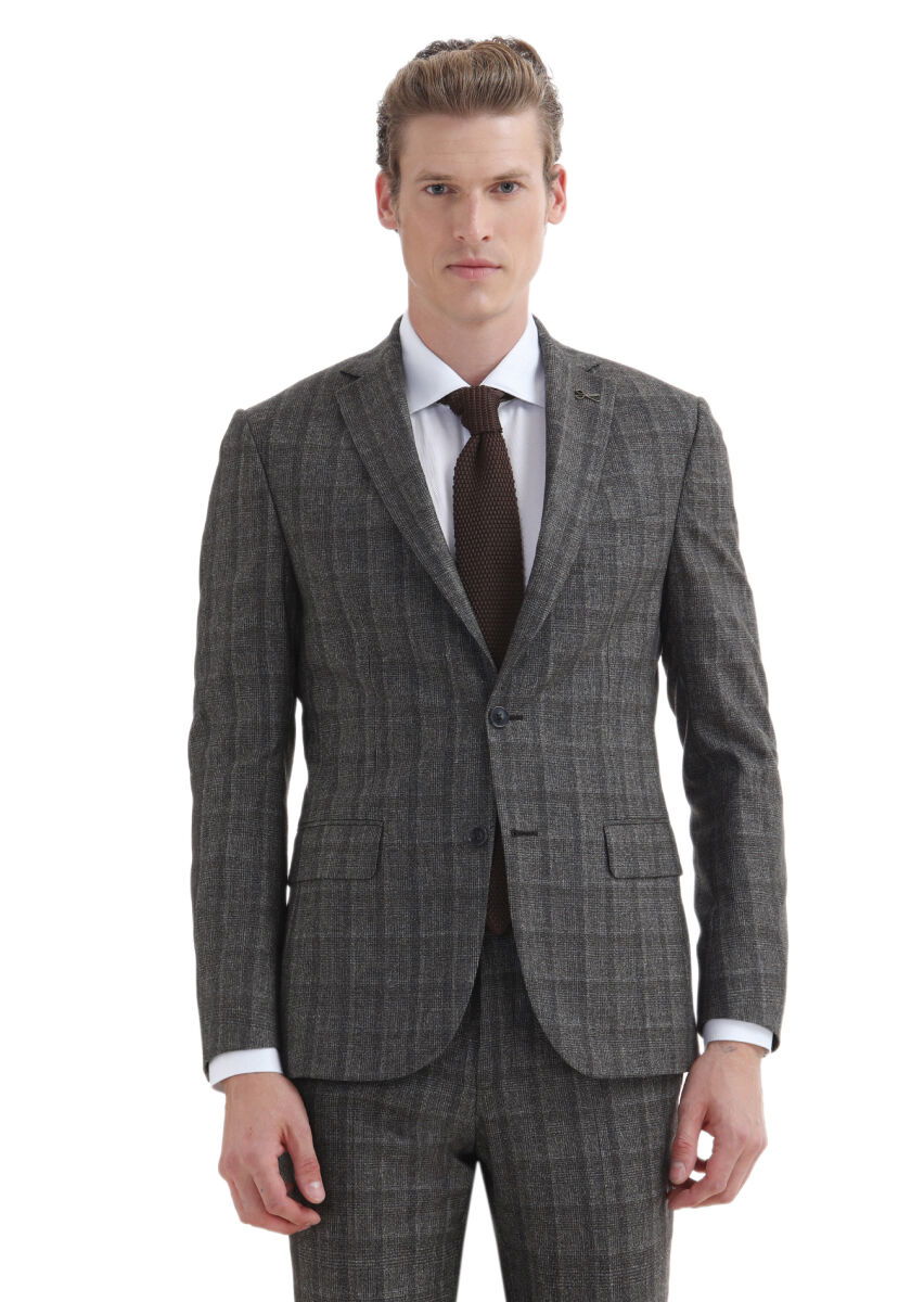 Kahverengi Kareli Zeroweight Slim Fit %100 Yün Takım Elbise - 2