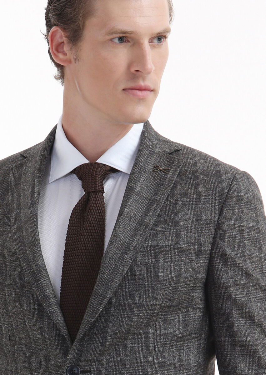 Kahverengi Kareli Zeroweight Slim Fit %100 Yün Takım Elbise - 3