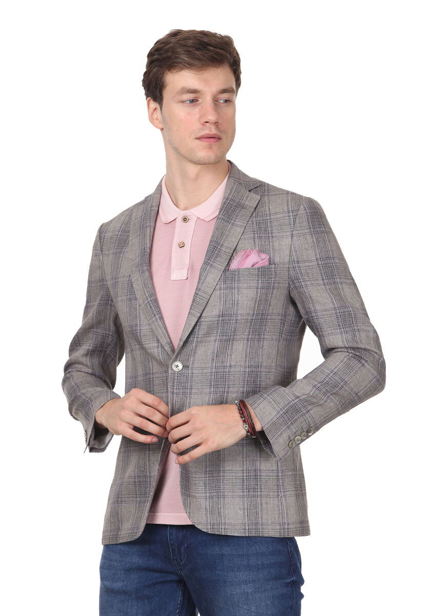Kahverengi Kareli Zeroweight Slim Fit Pamuk Karışımlı Ceket - 1