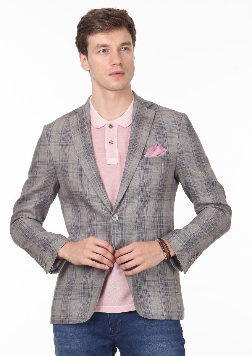 Kahverengi Kareli Zeroweight Slim Fit Pamuk Karışımlı Ceket - 2