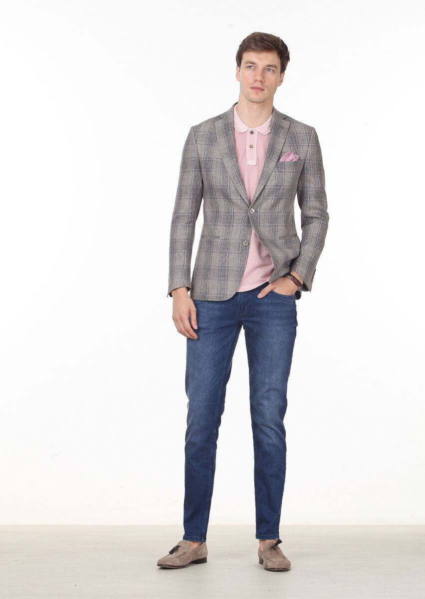 Kahverengi Kareli Zeroweight Slim Fit Pamuk Karışımlı Ceket - 3