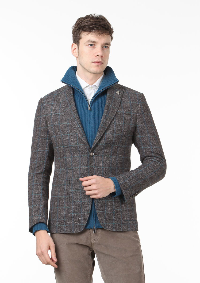Kahverengi Kareli Zeroweight Slim Fit Yün Karışımlı Ceket - 1