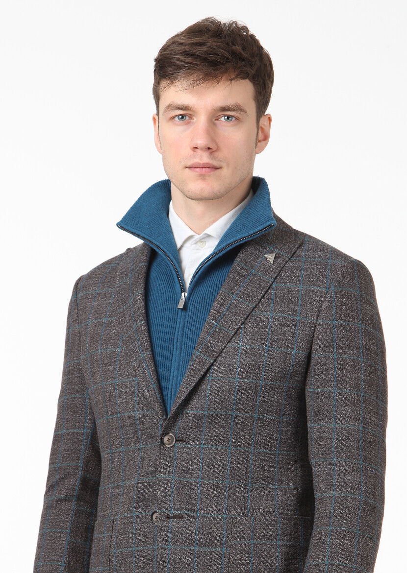 Kahverengi Kareli Zeroweight Slim Fit Yün Karışımlı Ceket - 2
