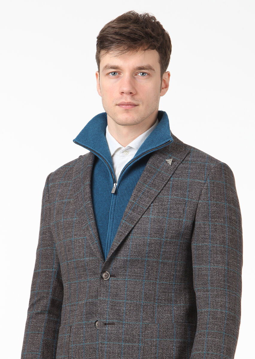Kahverengi Kareli Zeroweight Slim Fit Yün Karışımlı Ceket - 2
