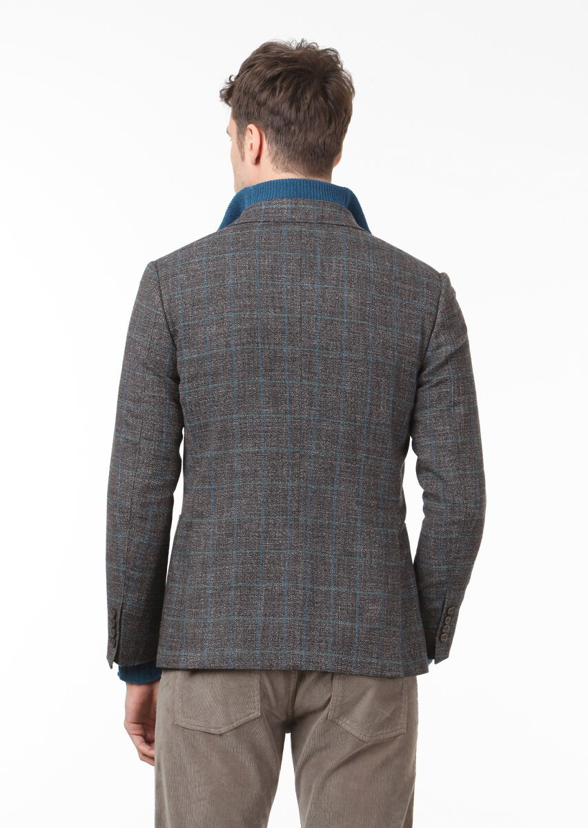 Kahverengi Kareli Zeroweight Slim Fit Yün Karışımlı Ceket - 4