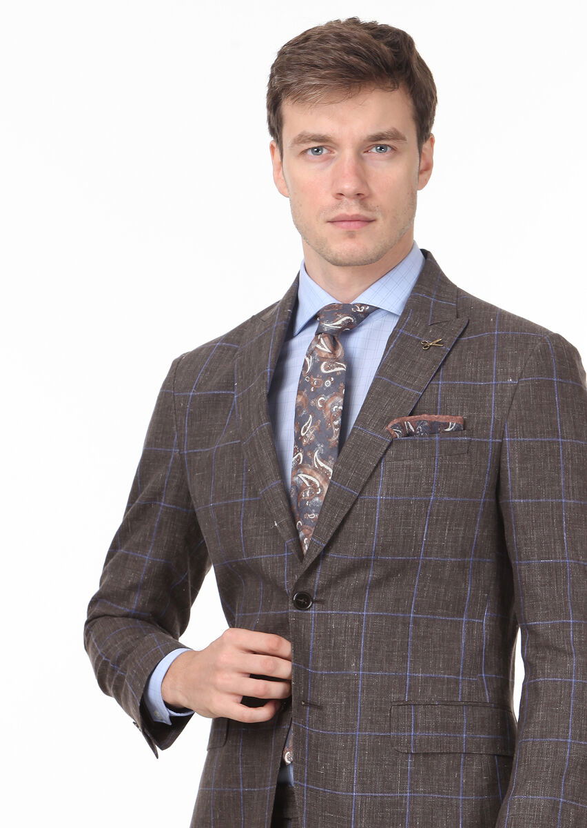 Kahverengi Kareli Zeroweight Slim Fit Yün Karışımlı Takım Elbise - 1