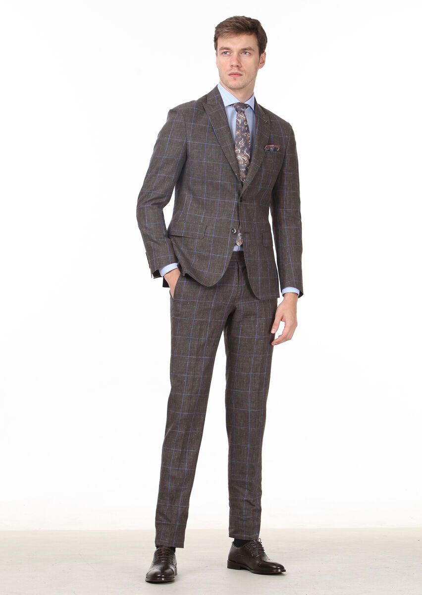 Kahverengi Kareli Zeroweight Slim Fit Yün Karışımlı Takım Elbise - 3