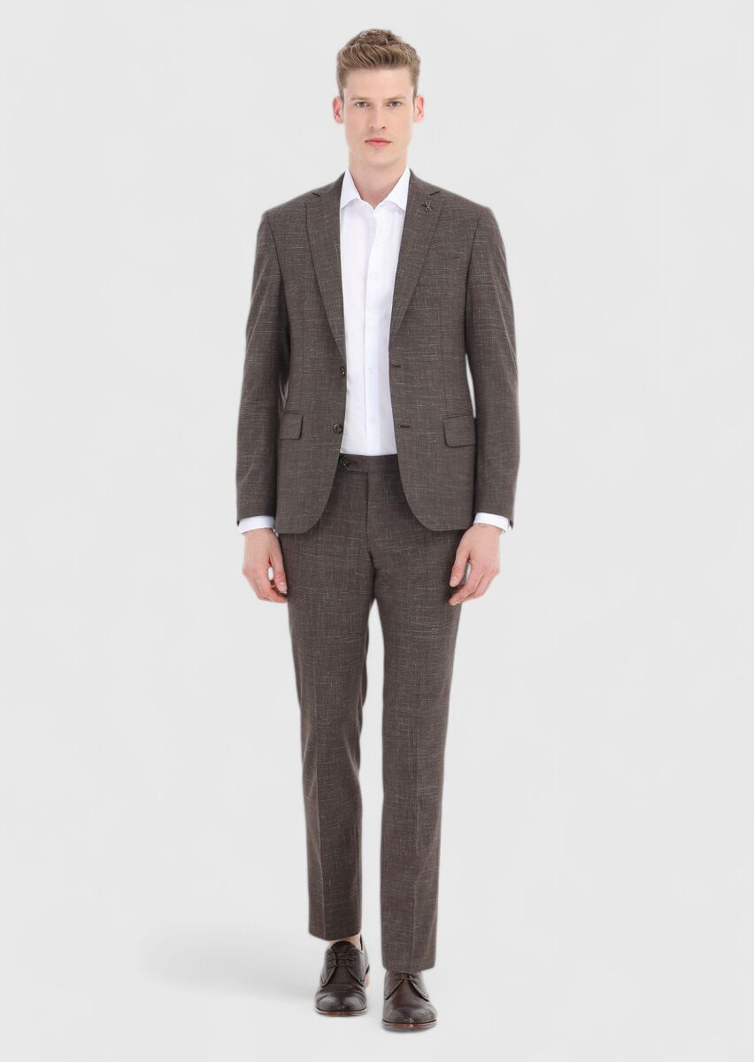 Kahverengi Kareli Zeroweight Slim Fit Yün Karışımlı Takım Elbise - 1
