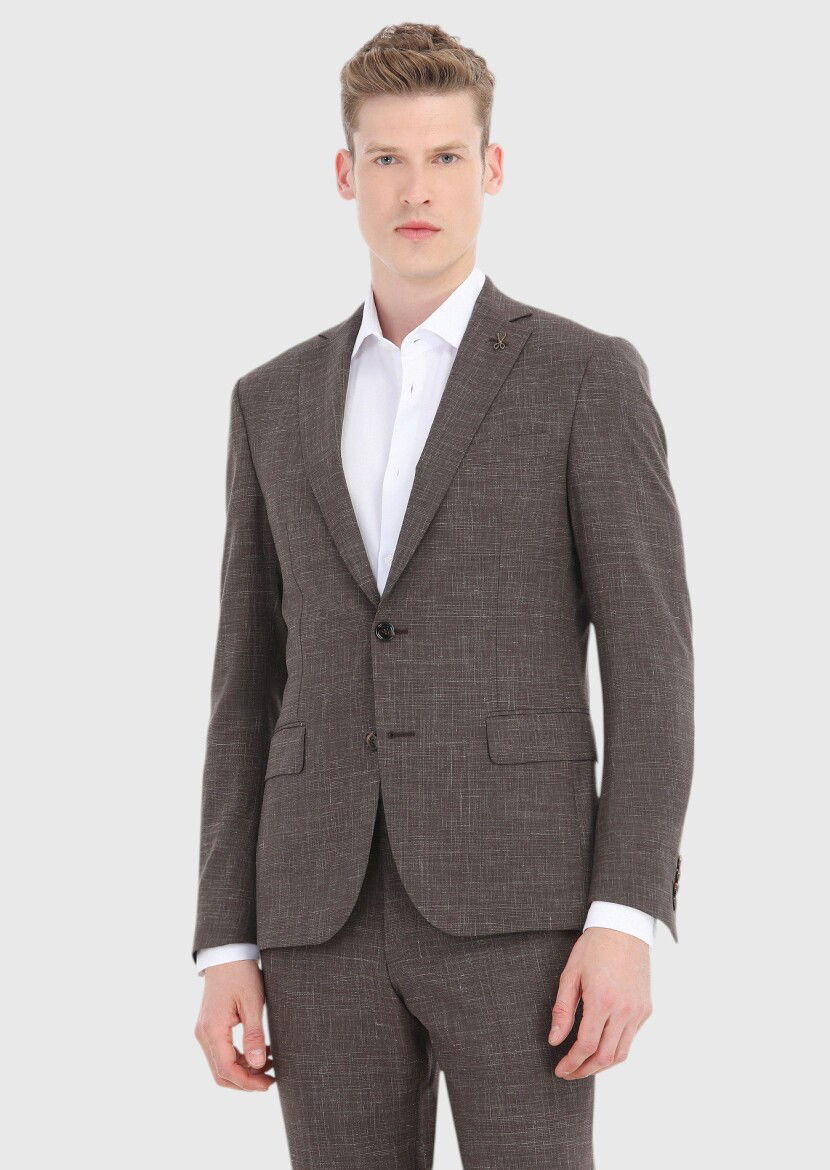 Kahverengi Kareli Zeroweight Slim Fit Yün Karışımlı Takım Elbise - 2
