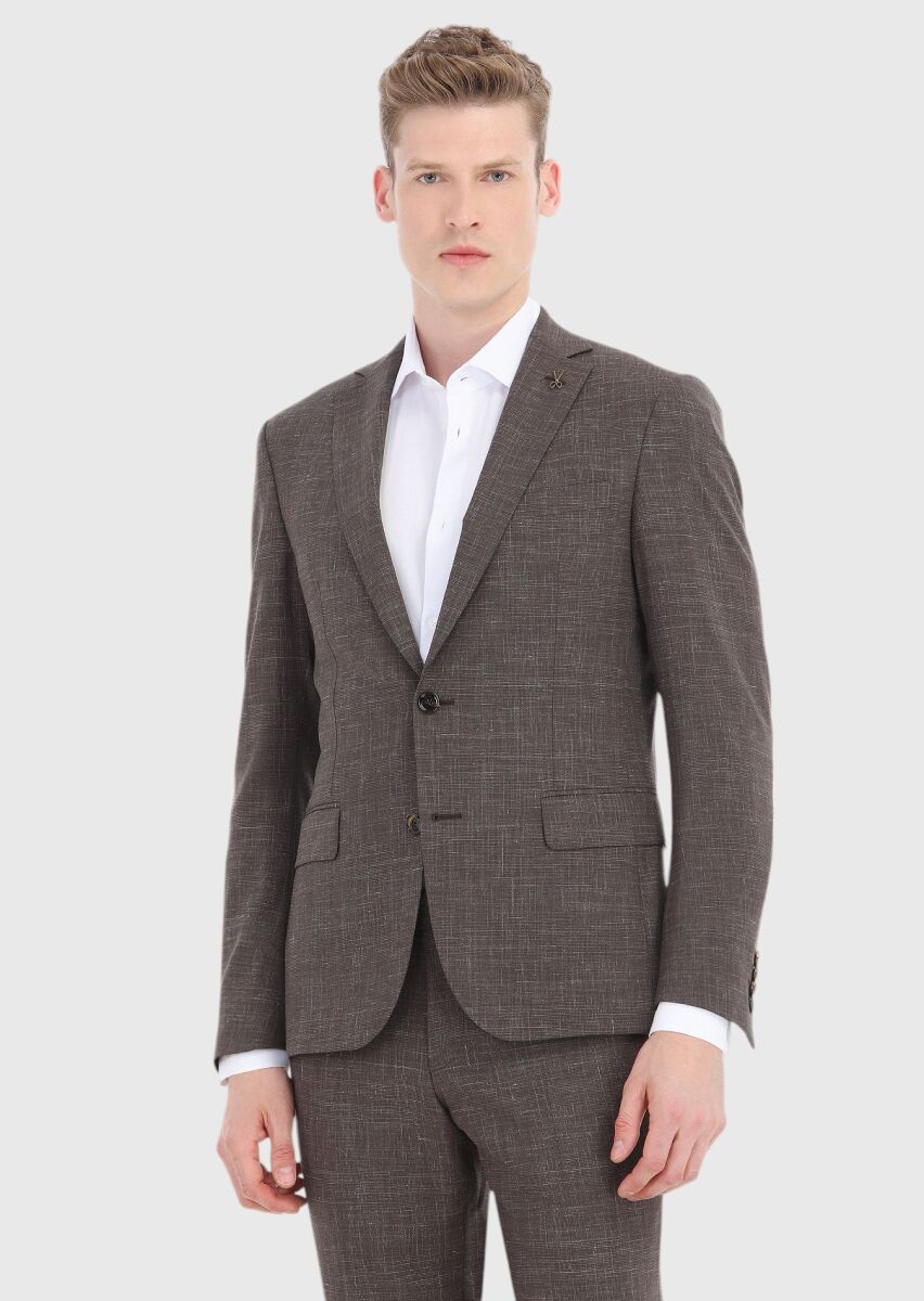 Kahverengi Kareli Zeroweight Slim Fit Yün Karışımlı Takım Elbise - 2