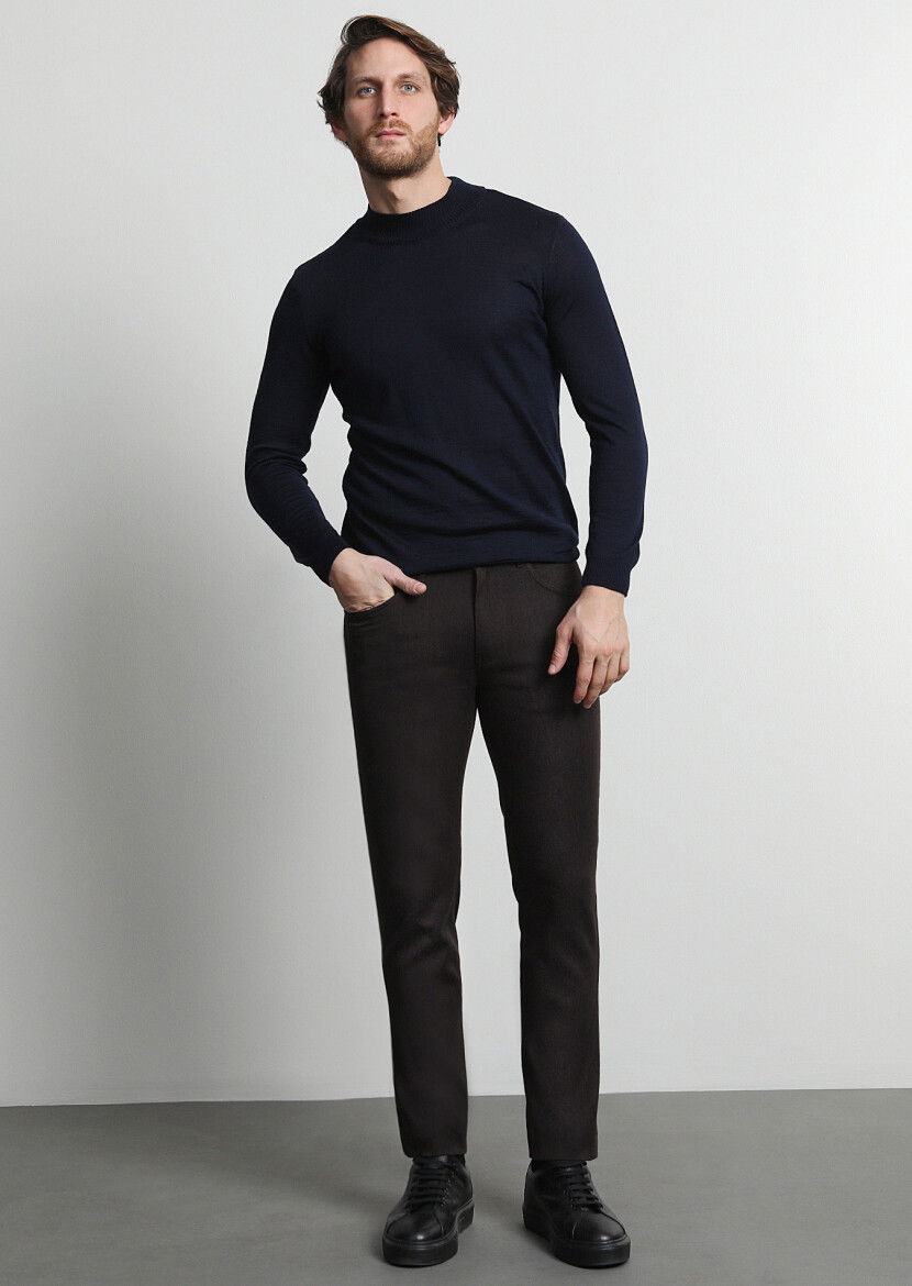 Kahverengi Mikro Dokuma Slim Fit Casual Pamuk Karışımlı Pantolon - 1