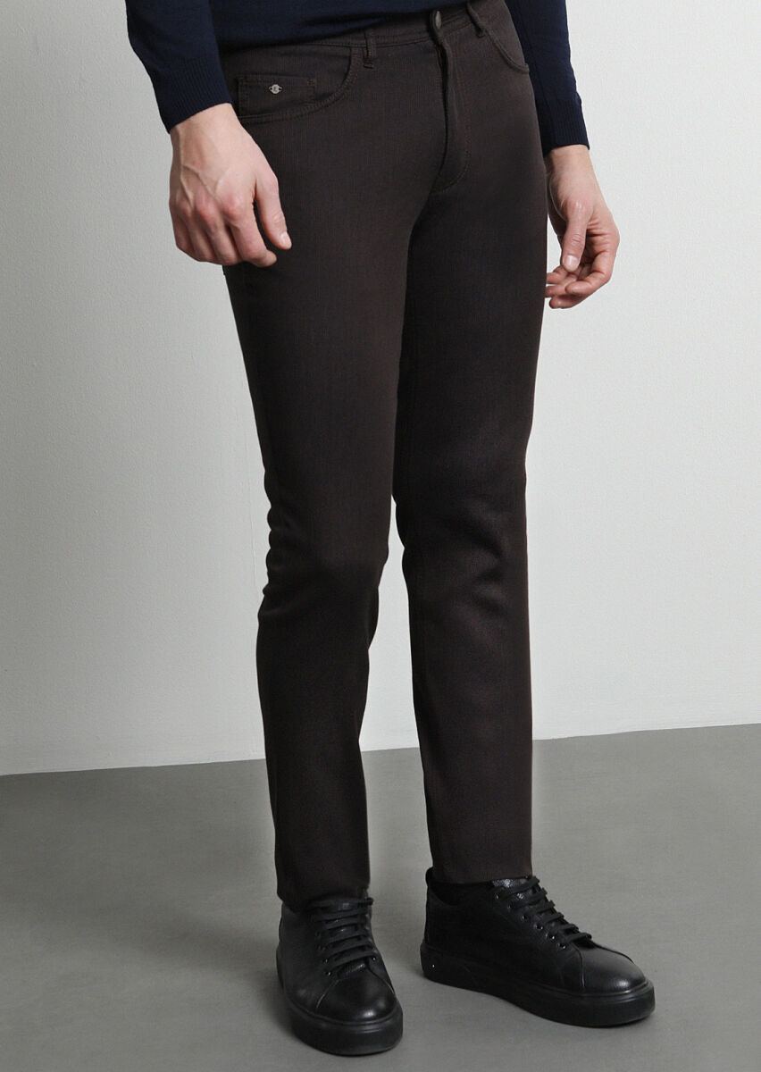 Kahverengi Mikro Dokuma Slim Fit Casual Pamuk Karışımlı Pantolon - 3