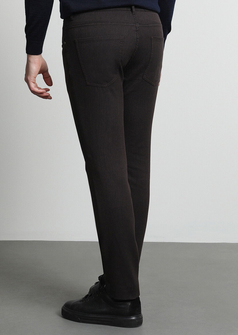 Kahverengi Mikro Dokuma Slim Fit Casual Pamuk Karışımlı Pantolon - 4