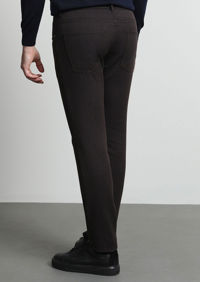 Kahverengi Mikro Dokuma Slim Fit Casual Pamuk Karışımlı Pantolon - 4