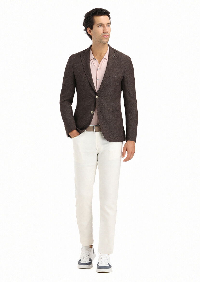 Kahverengi Mikro Shirt Shoulder Slim Fit Yün Karışımlı Ceket - 1