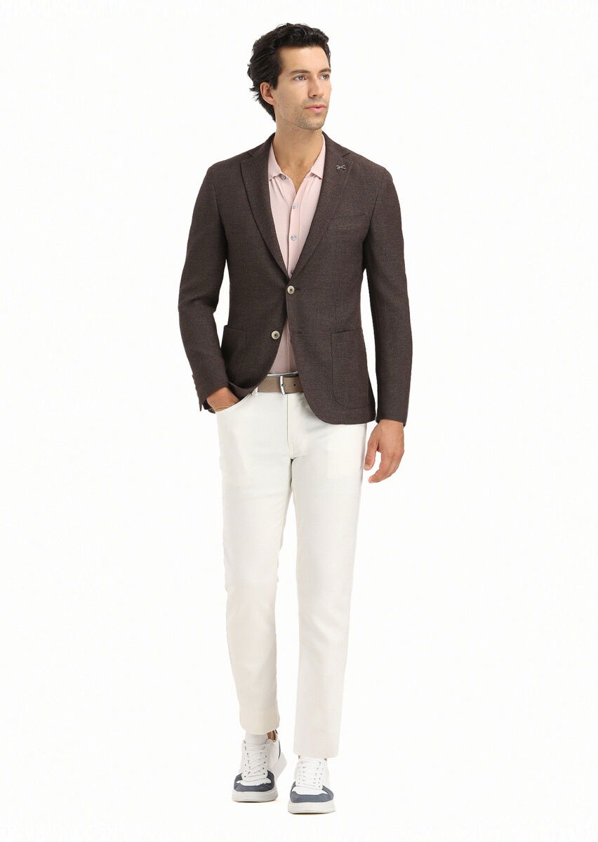 Kahverengi Mikro Shirt Shoulder Slim Fit Yün Karışımlı Ceket - 1