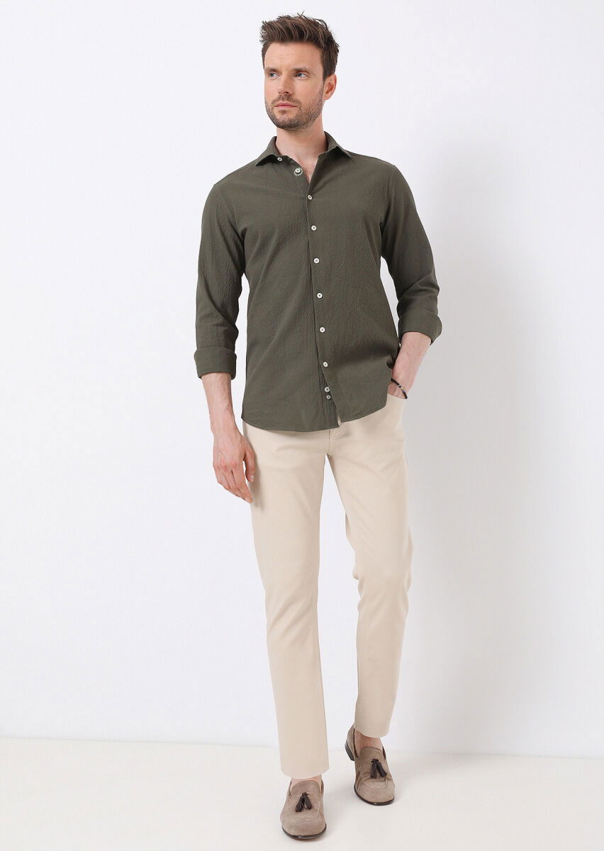 Khaki Slim Fit Weaving Casual Cotton Blended Shirt - 3