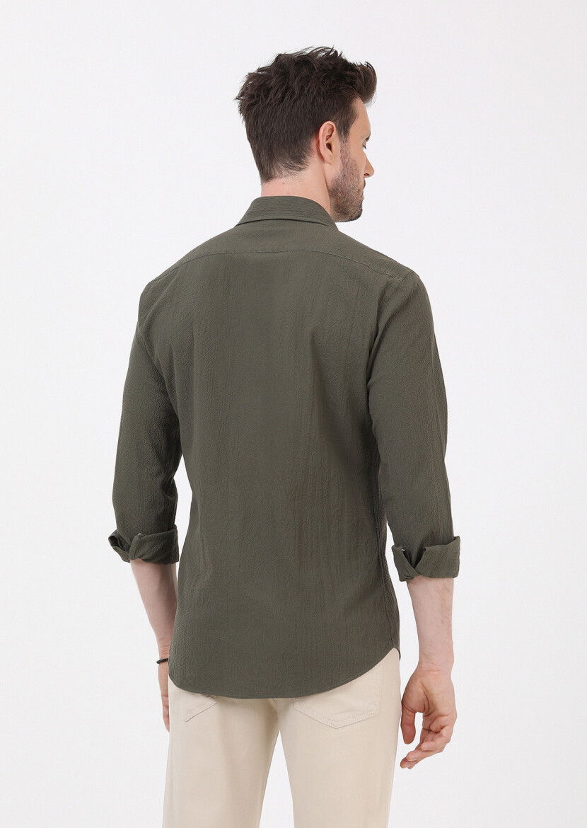 Khaki Slim Fit Weaving Casual Cotton Blended Shirt - 6