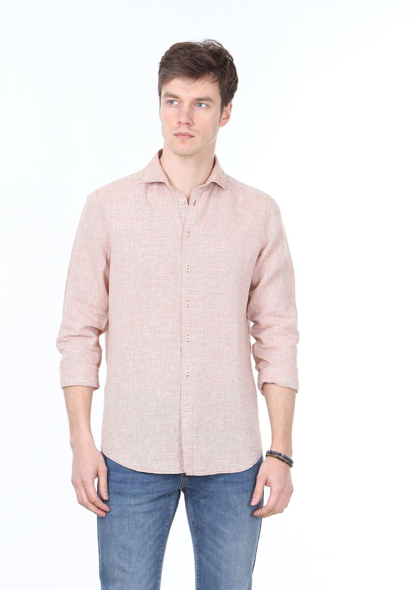 Kiremit Çizgili Regular Fit Dokuma Casual Pamuk Karışımlı Gömlek - 1
