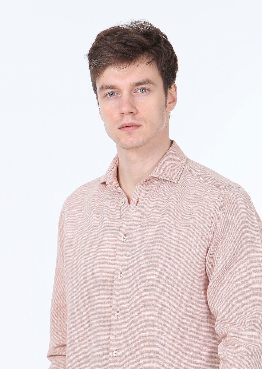 Kiremit Çizgili Regular Fit Dokuma Casual Pamuk Karışımlı Gömlek - 3